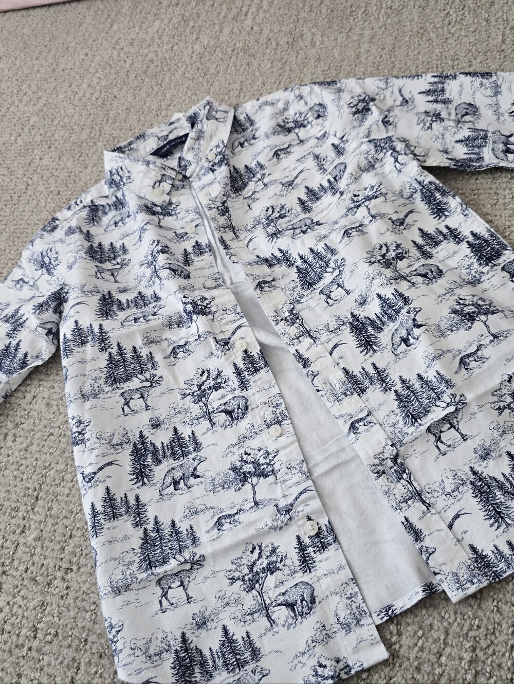 New Janie and Jack White Shirt with Navy Woodland Animal Print